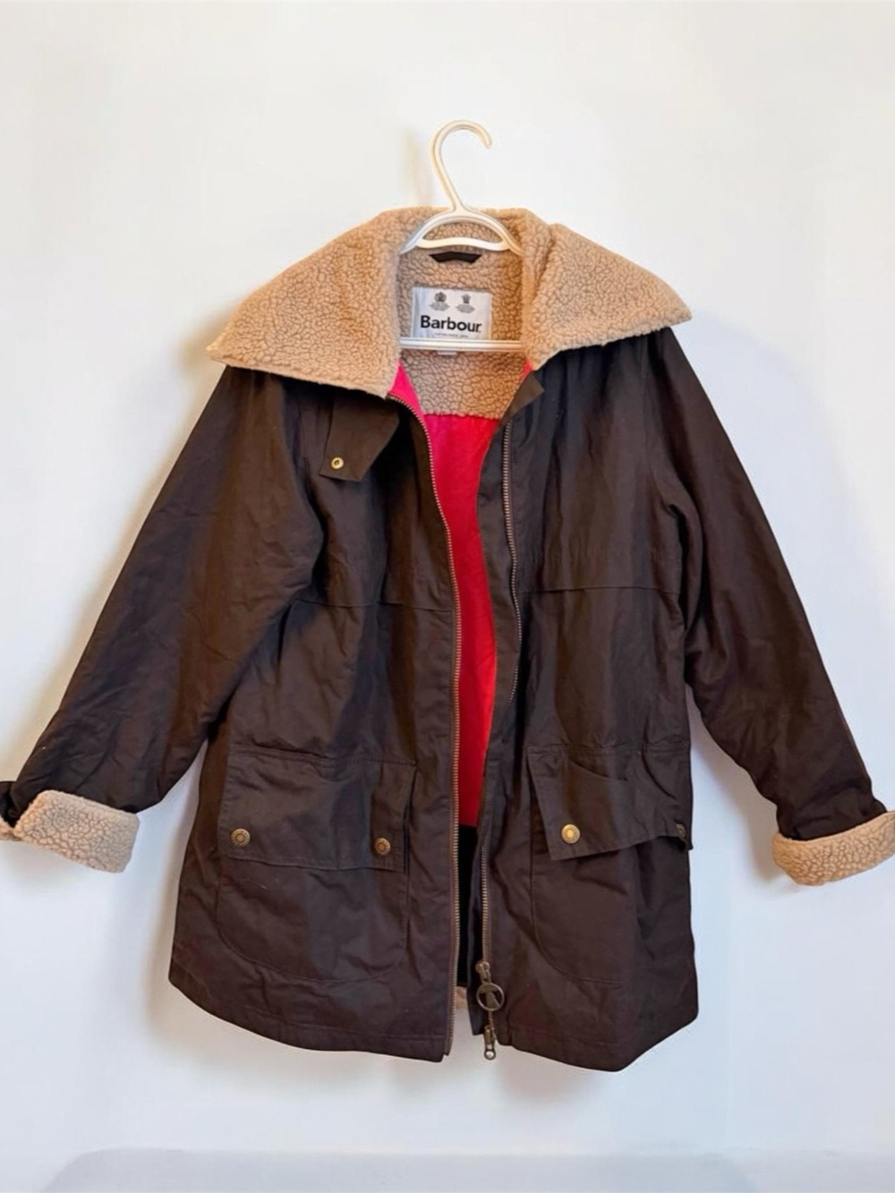 Barbour Pine Wax Jacket US 6 | Brown Waxed Cotton | Pink Lining & Teddy Collar